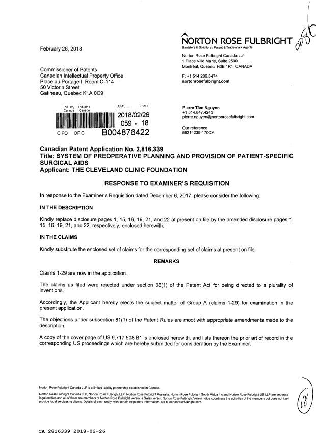 Canadian Patent Document 2816339. Amendment 20180226. Image 1 of 17