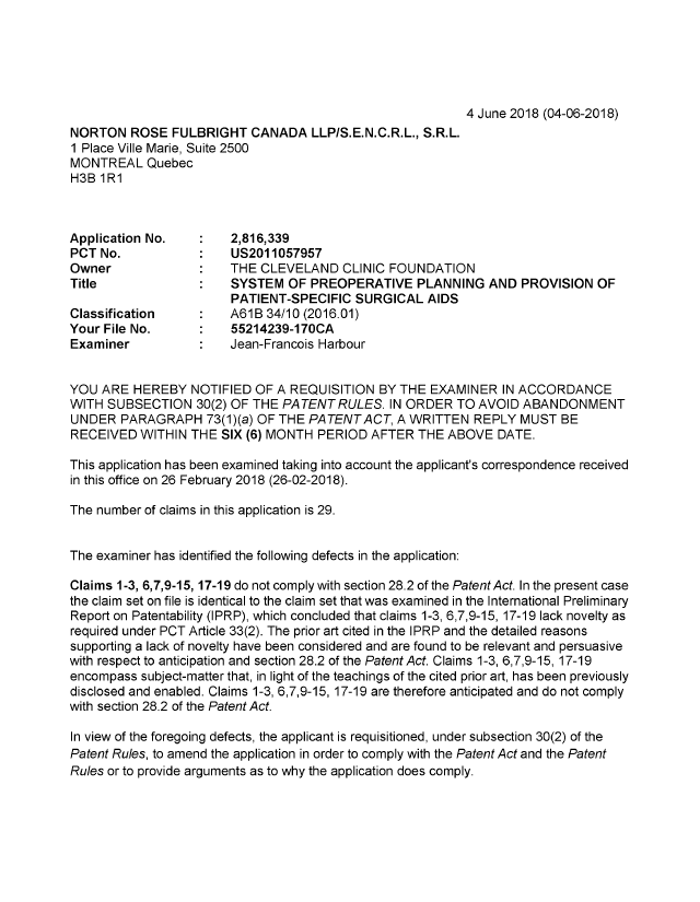 Canadian Patent Document 2816339. Examiner Requisition 20180604. Image 1 of 3