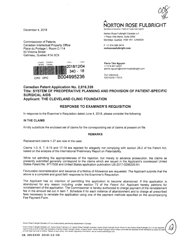 Document de brevet canadien 2816339. Modification 20181204. Image 1 de 12