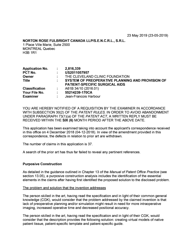 Document de brevet canadien 2816339. Demande d'examen 20190523. Image 1 de 4