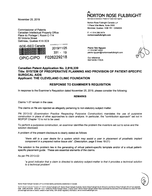 Document de brevet canadien 2816339. Modification 20191125. Image 1 de 2