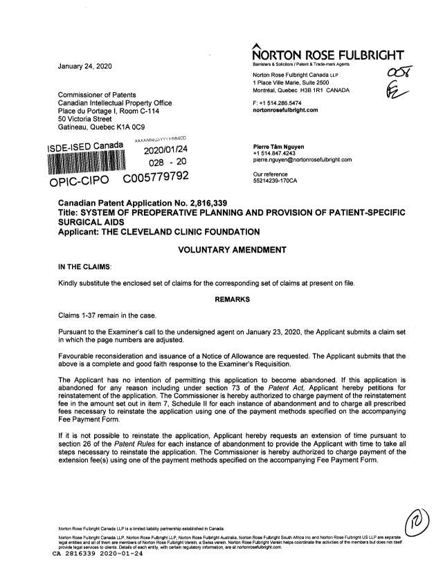 Document de brevet canadien 2816339. Modification 20200124. Image 1 de 12