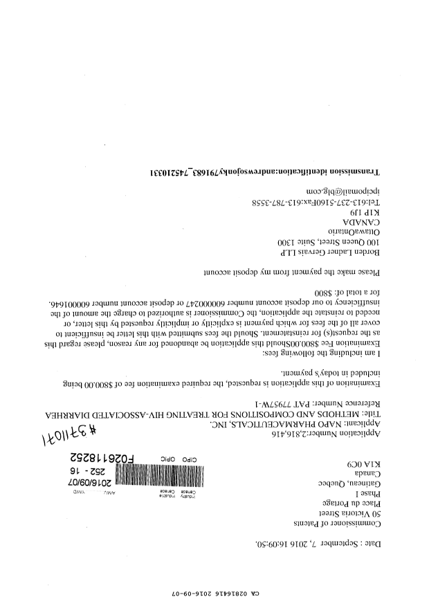 Document de brevet canadien 2816416. Requête d'examen 20160907. Image 1 de 1
