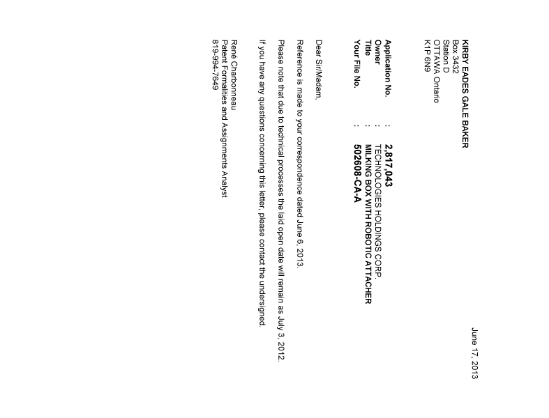 Document de brevet canadien 2817043. Correspondance 20121217. Image 1 de 1