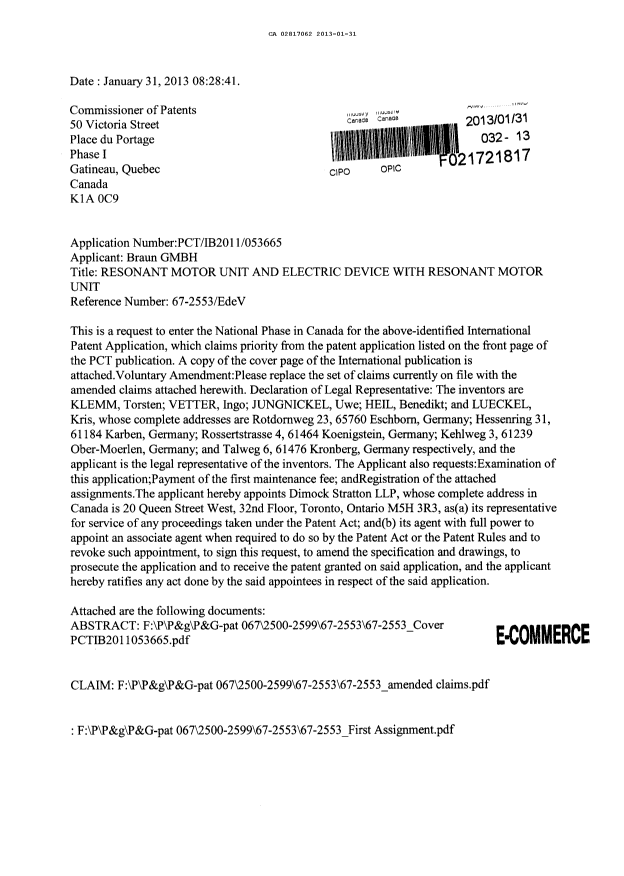 Document de brevet canadien 2817062. Cession 20130131. Image 1 de 17
