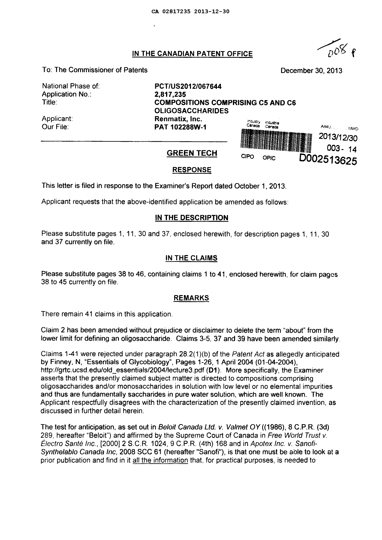 Document de brevet canadien 2817235. Poursuite-Amendment 20121230. Image 1 de 18