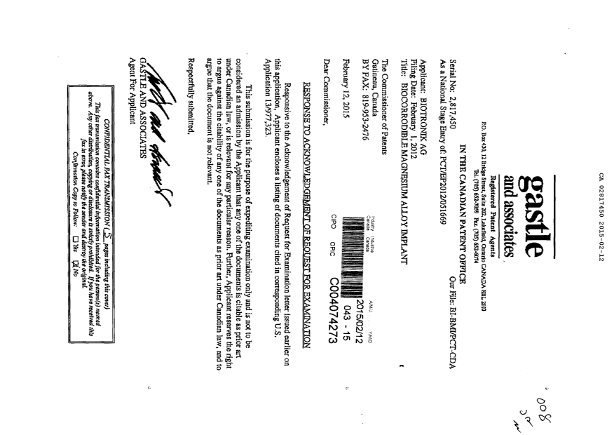 Document de brevet canadien 2817450. Poursuite-Amendment 20150212. Image 1 de 1
