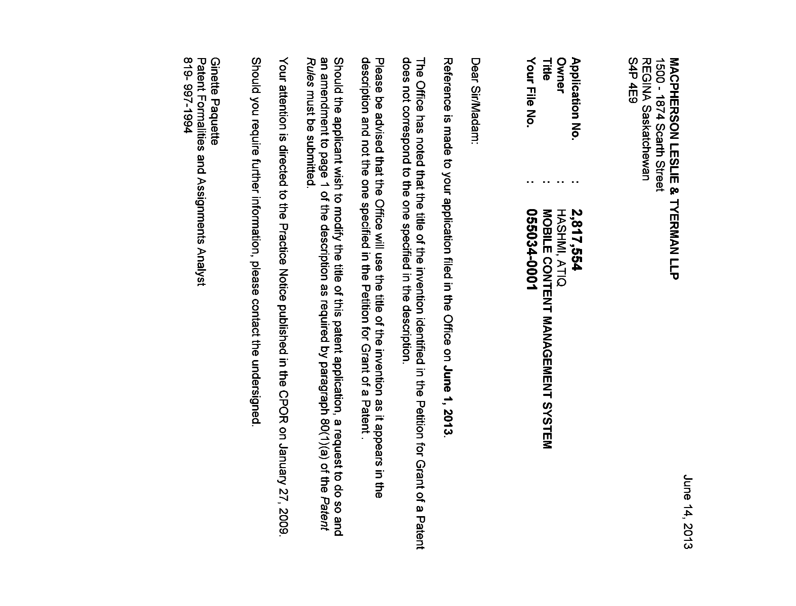 Canadian Patent Document 2817554. Correspondence 20130614. Image 1 of 1