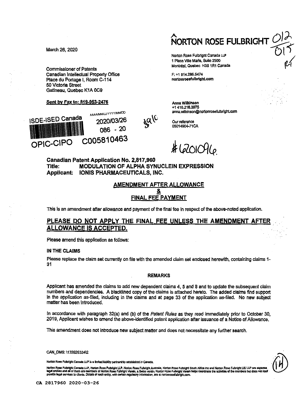 Document de brevet canadien 2817960. Modification après acceptation 20200326. Image 1 de 14