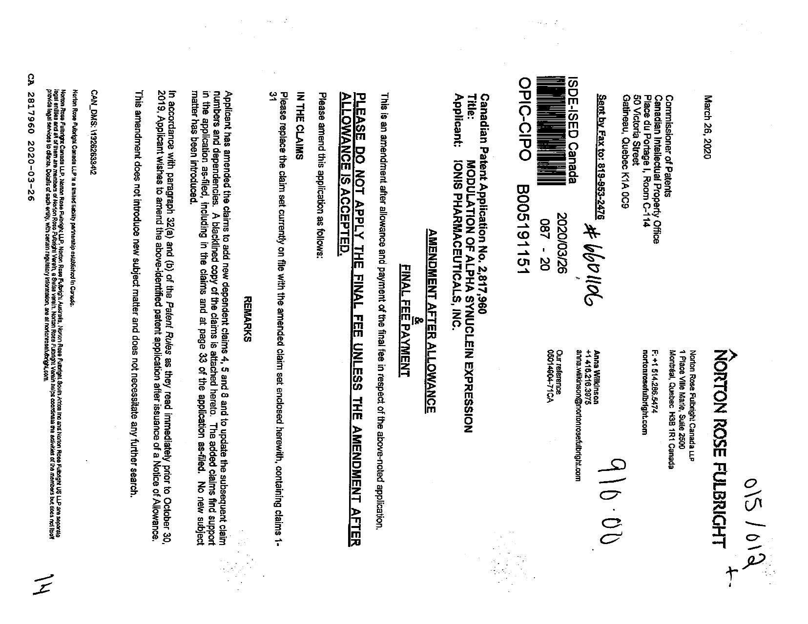 Canadian Patent Document 2817960. Final Fee 20200326. Image 1 of 14