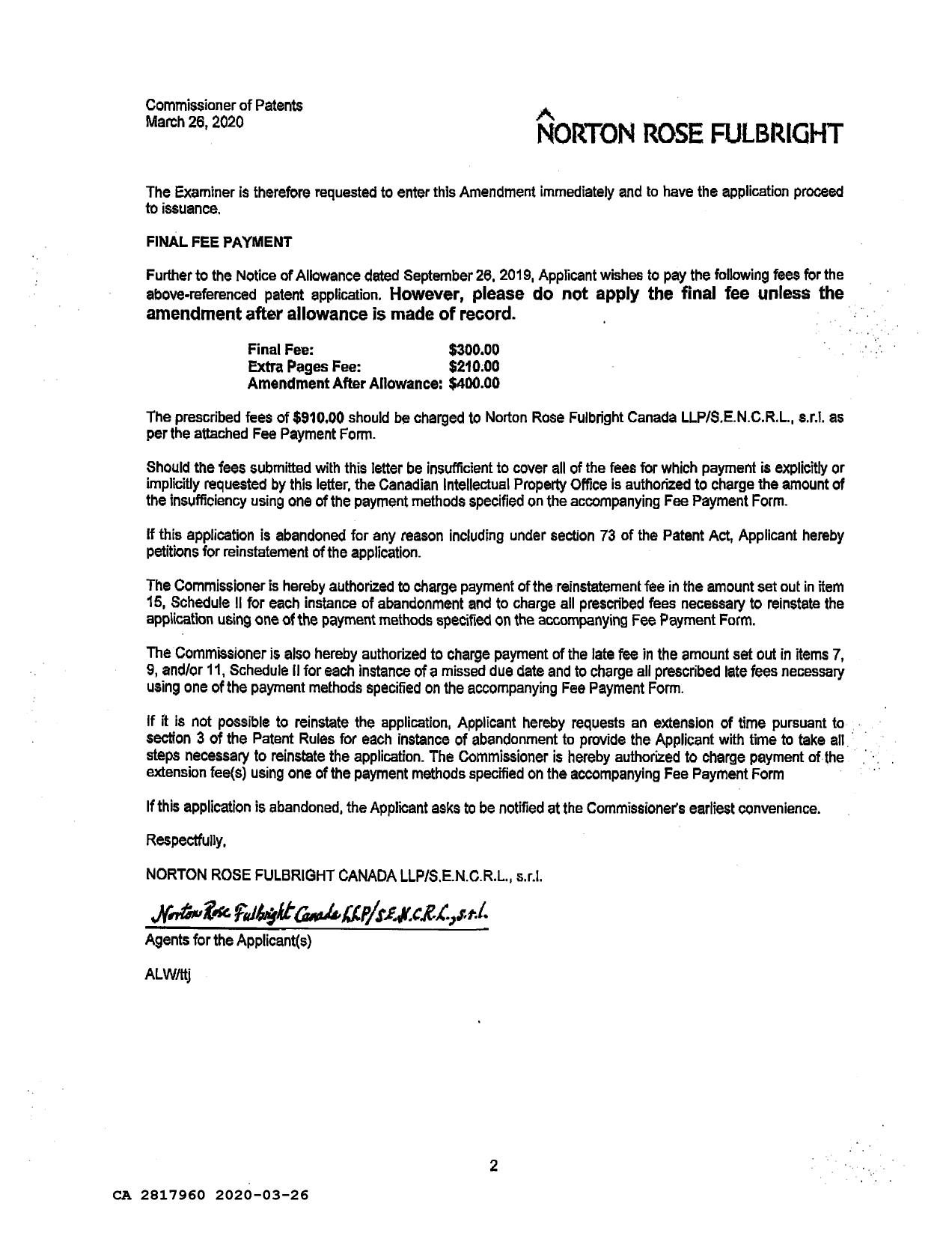 Canadian Patent Document 2817960. Amendment after Allowance 20200326. Image 2 of 14