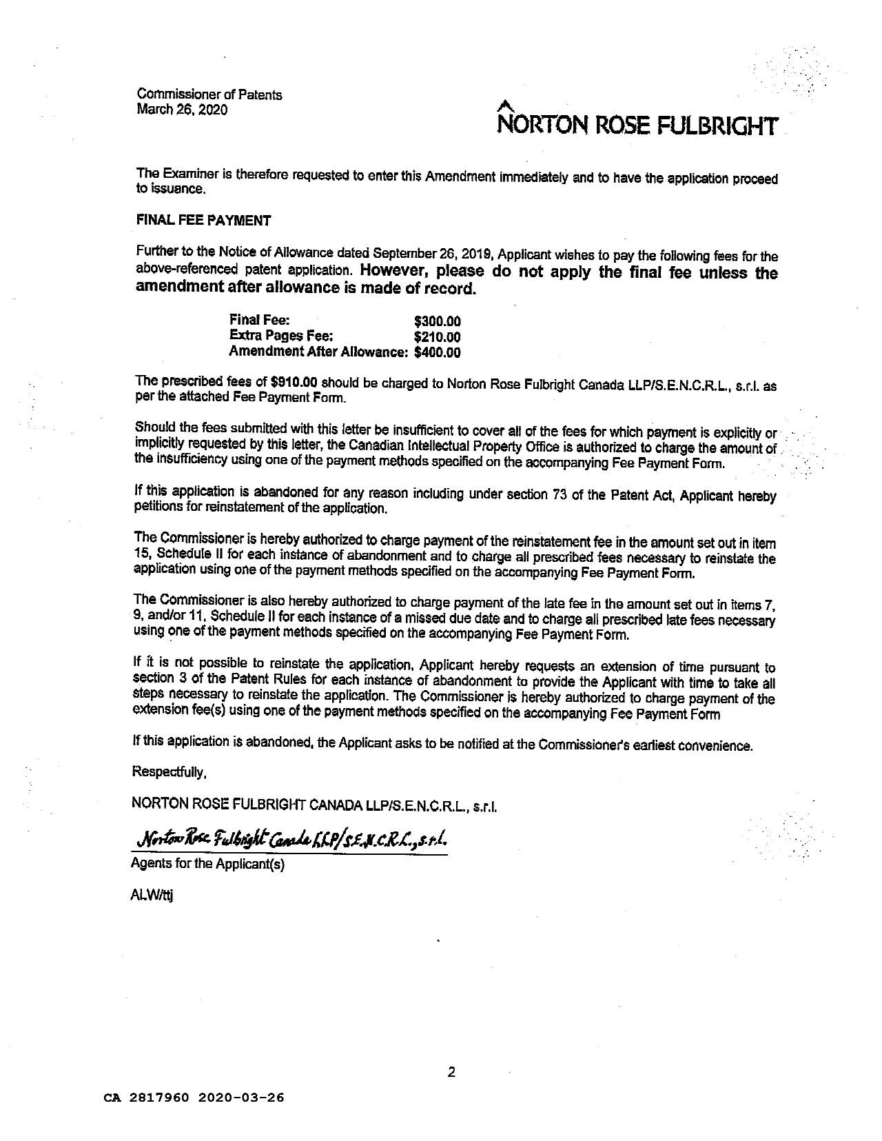 Canadian Patent Document 2817960. Final Fee 20200326. Image 2 of 14