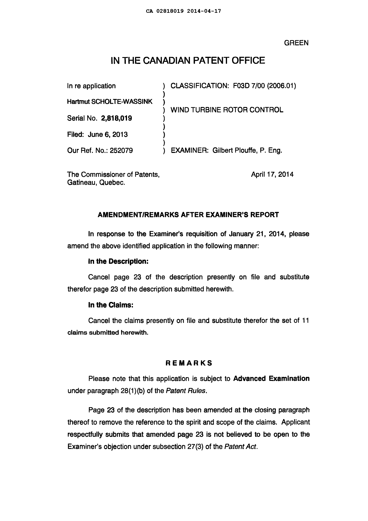 Document de brevet canadien 2818019. Poursuite-Amendment 20131217. Image 2 de 6