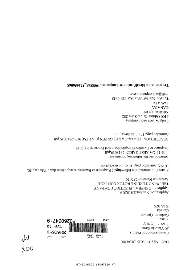 Document de brevet canadien 2818019. Poursuite-Amendment 20141219. Image 1 de 6