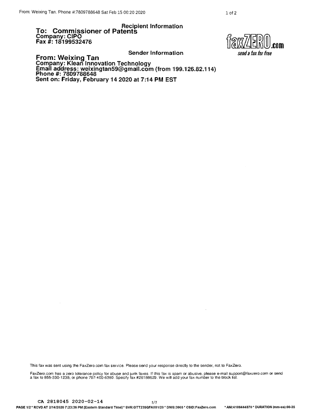 Document de brevet canadien 2818045. Déclaration de petite entité 20200214. Image 2 de 2
