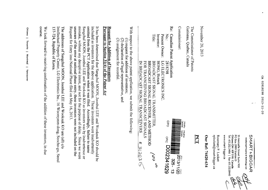 Document de brevet canadien 2818298. Correspondance 20131120. Image 1 de 8