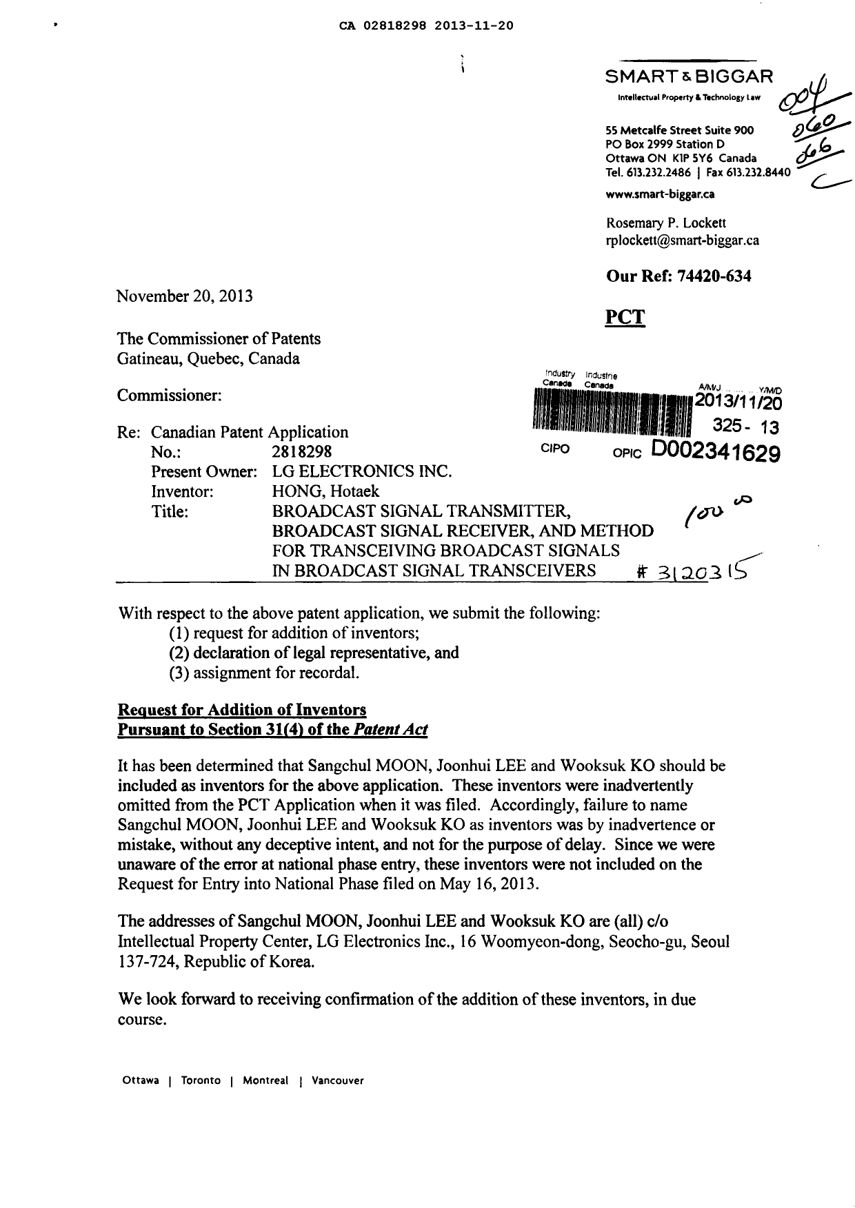 Document de brevet canadien 2818298. Cession 20131120. Image 1 de 4