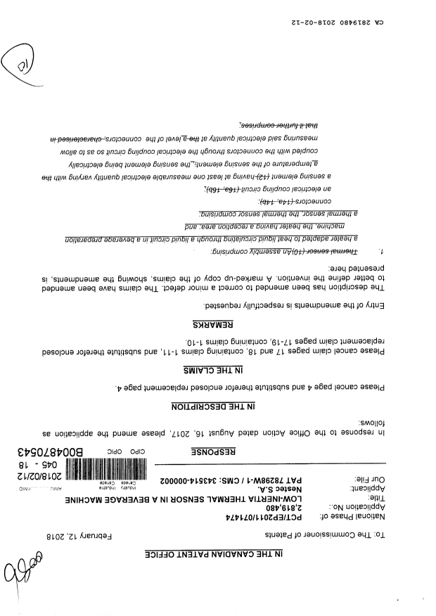 Canadian Patent Document 2819480. Amendment 20180212. Image 1 of 10