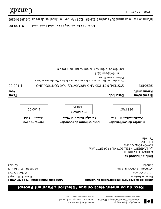 Canadian Patent Document 2820491. Maintenance Fee Payment 20210614. Image 1 of 1