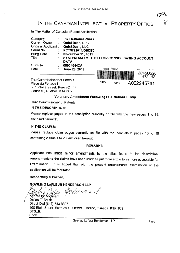 Canadian Patent Document 2821002. Prosecution-Amendment 20130626. Image 1 of 19