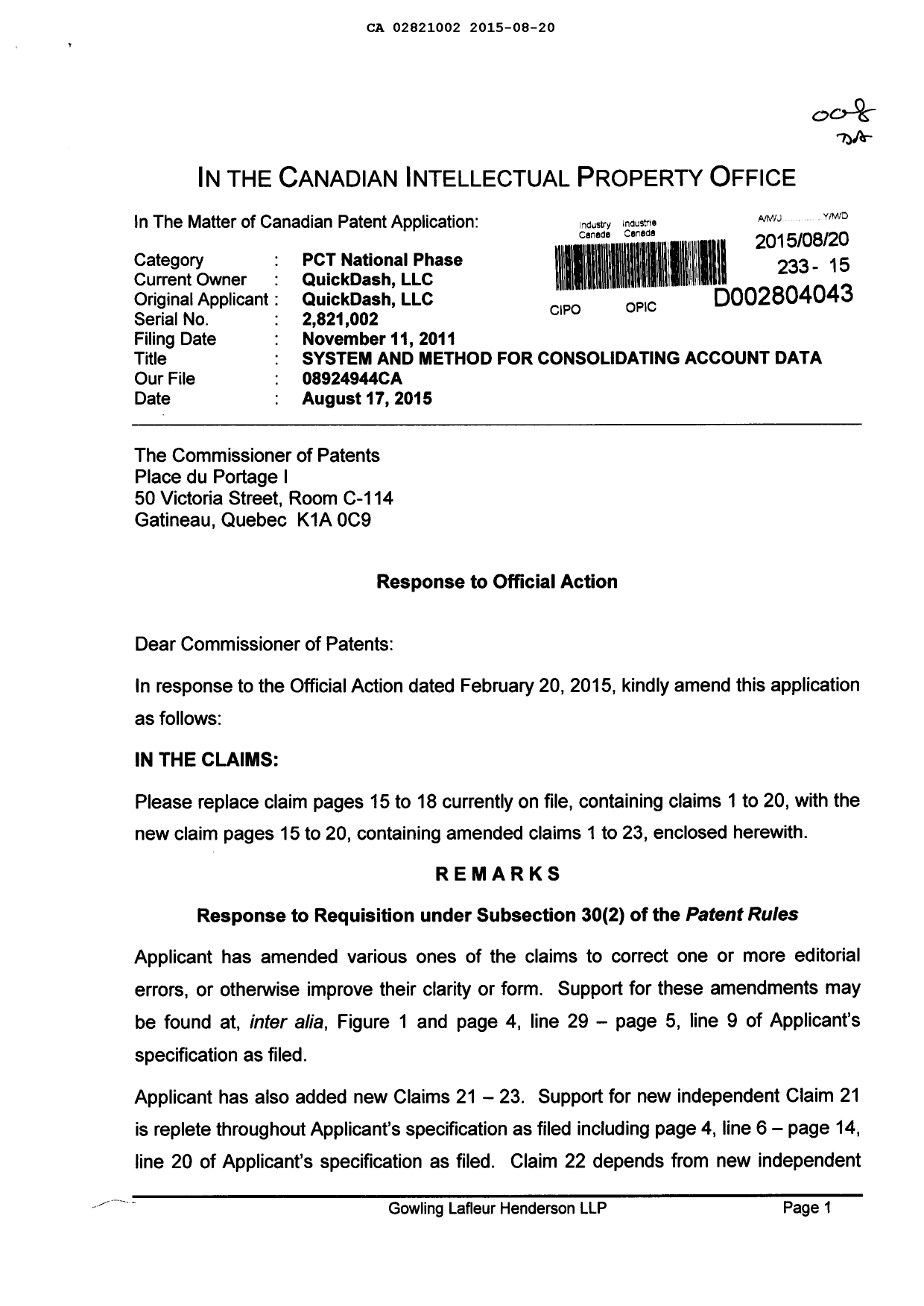 Canadian Patent Document 2821002. Amendment 20150820. Image 1 of 13