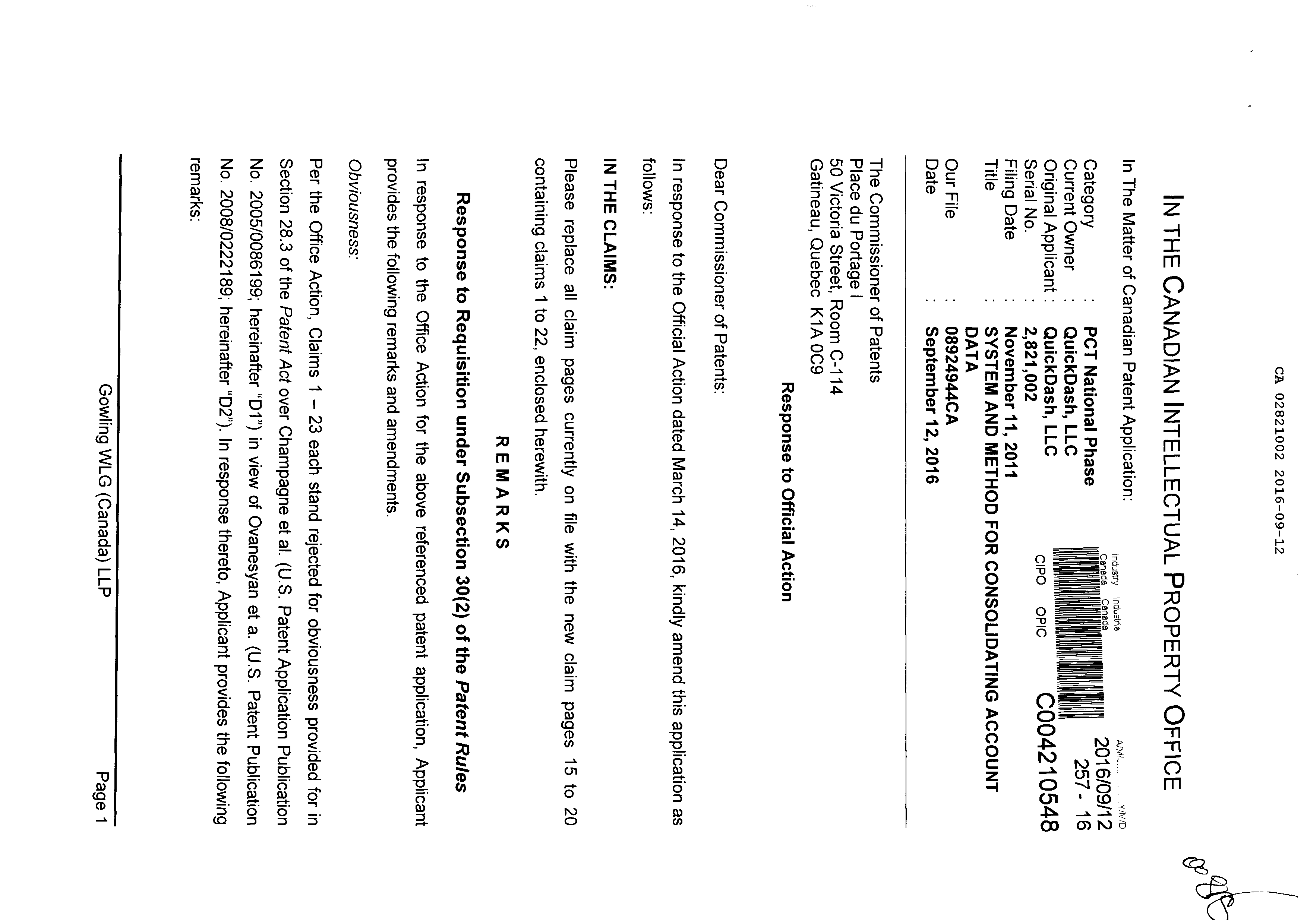 Document de brevet canadien 2821002. Poursuite-Amendment 20151212. Image 1 de 12