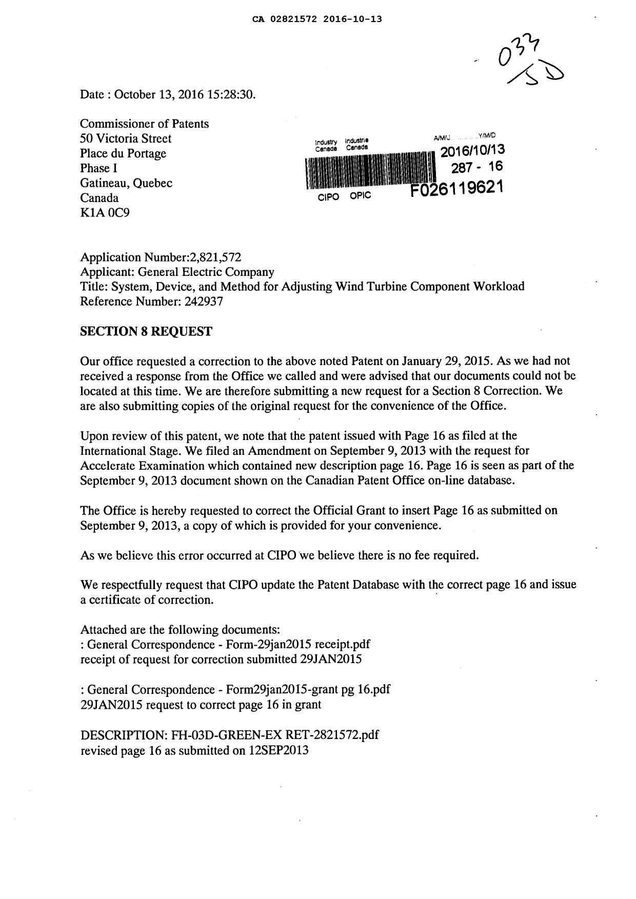 Document de brevet canadien 2821572. Correspondance 20151213. Image 1 de 7