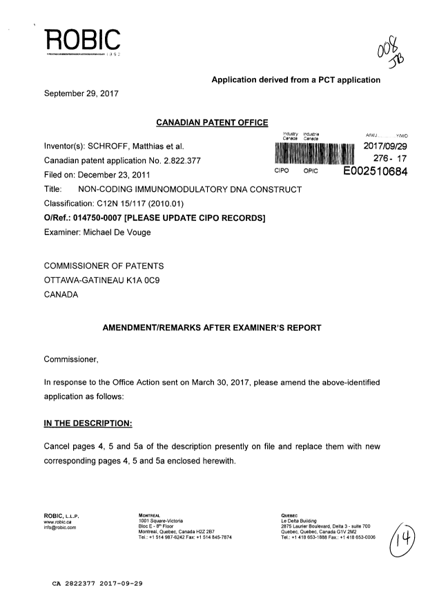 Document de brevet canadien 2822377. Poursuite-Amendment 20161229. Image 1 de 14