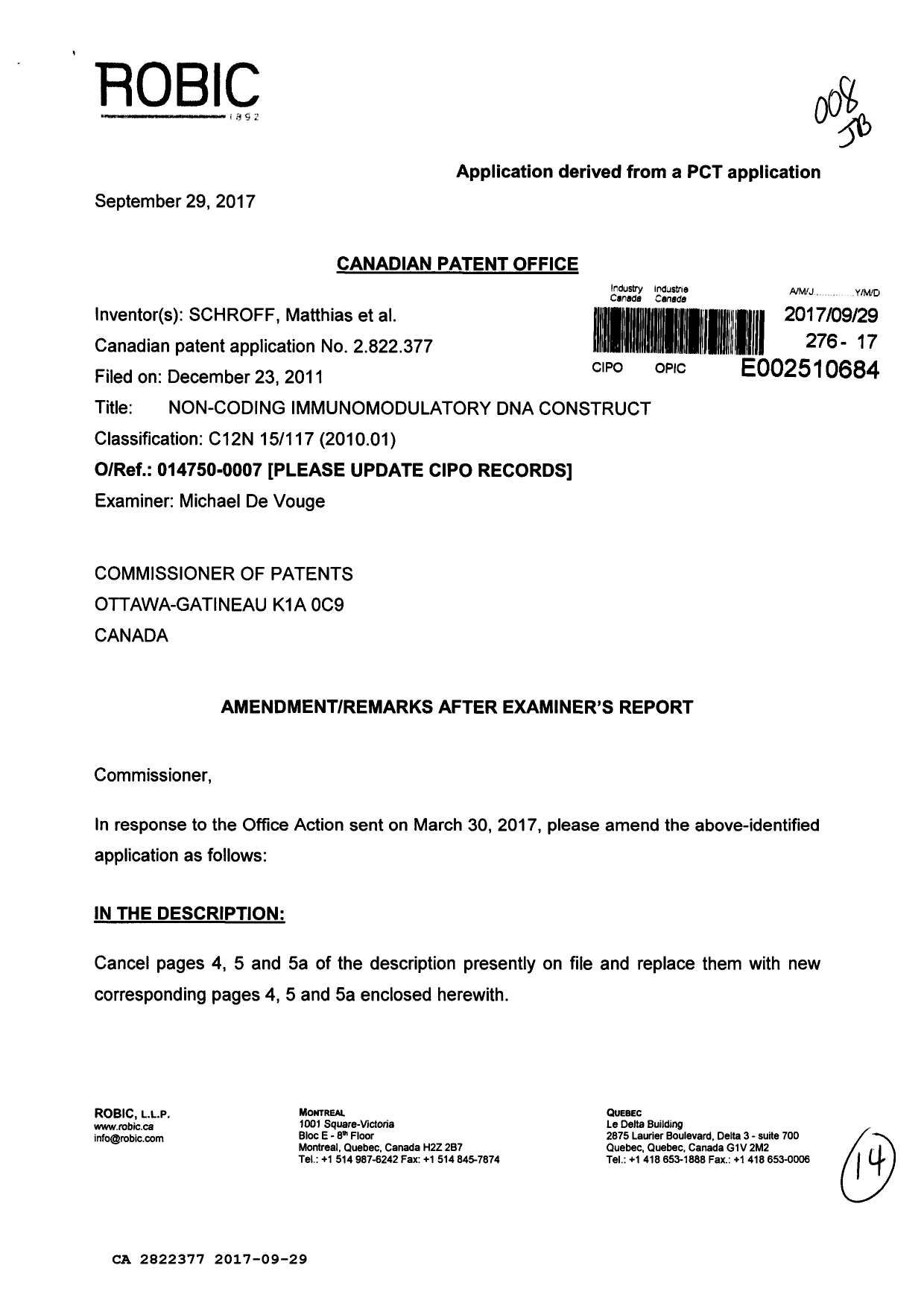 Canadian Patent Document 2822377. Prosecution-Amendment 20161229. Image 1 of 14