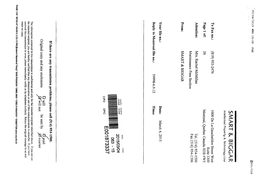 Document de brevet canadien 2822562. Correspondance 20141204. Image 2 de 3