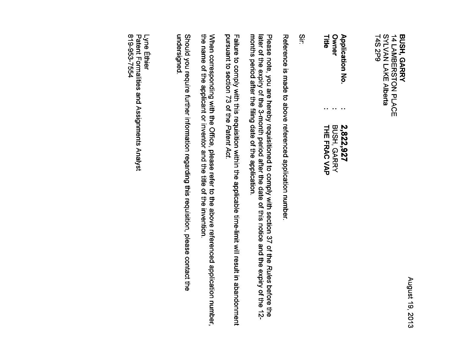 Canadian Patent Document 2822927. Correspondence 20130819. Image 1 of 1