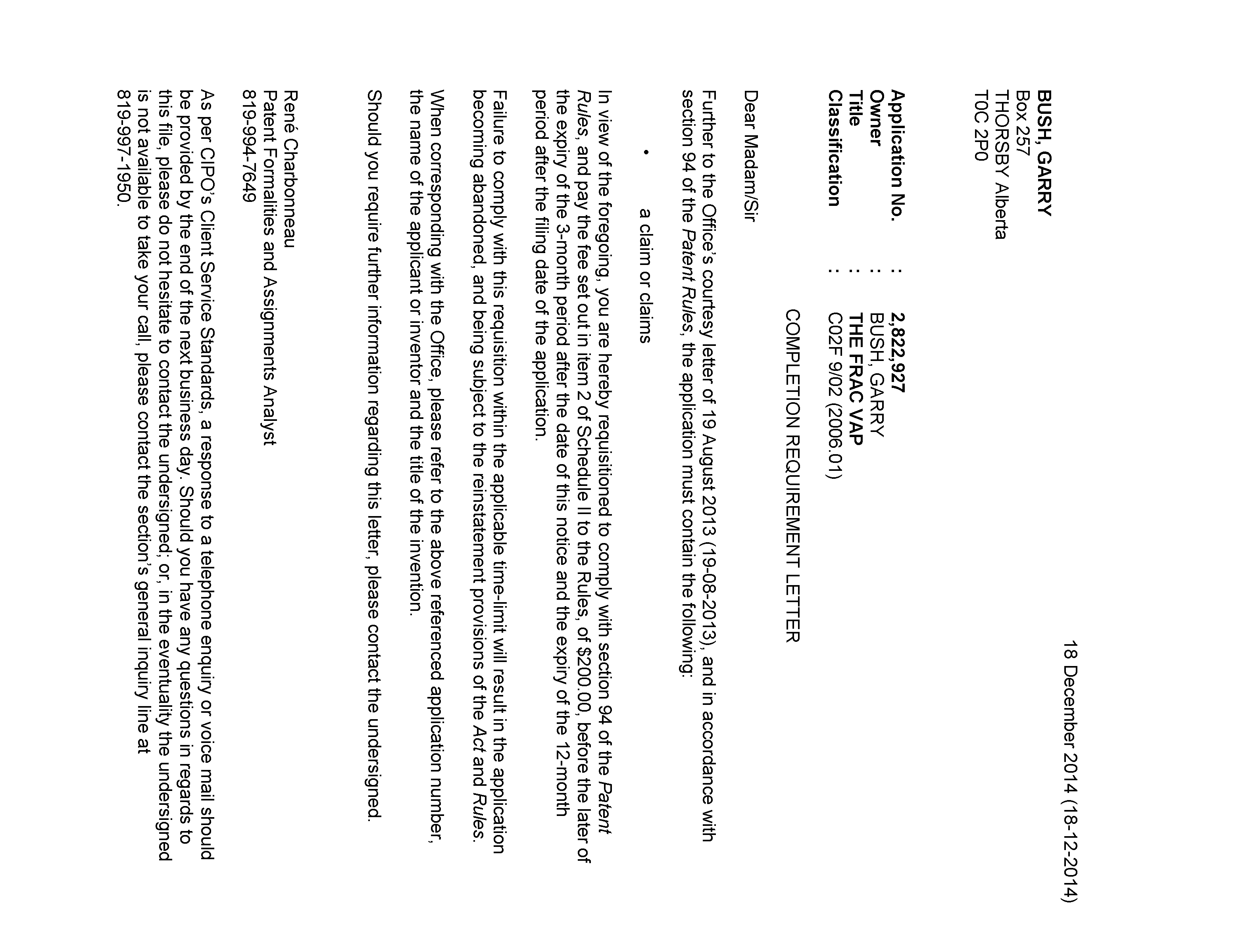 Document de brevet canadien 2822927. Correspondance 20131218. Image 1 de 2