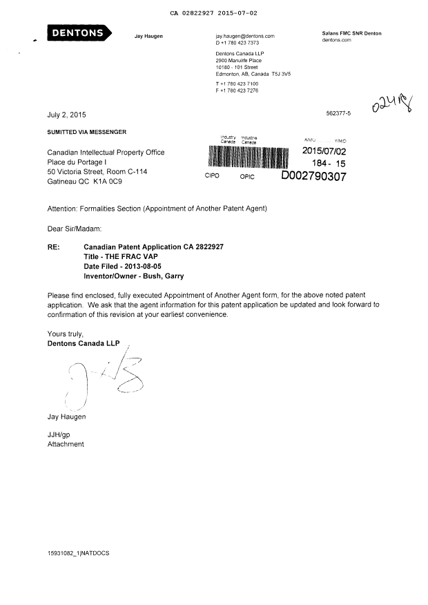 Canadian Patent Document 2822927. Correspondence 20141202. Image 1 of 2
