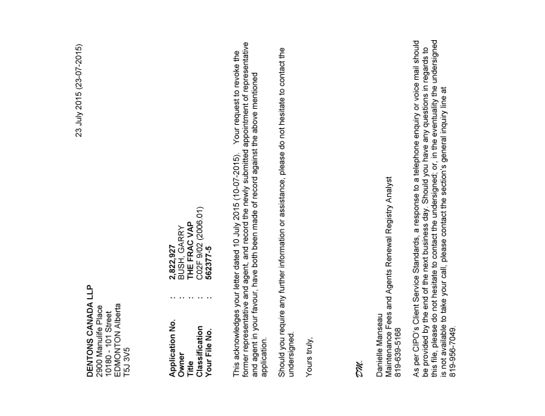 Canadian Patent Document 2822927. Office Letter 20150723. Image 1 of 1