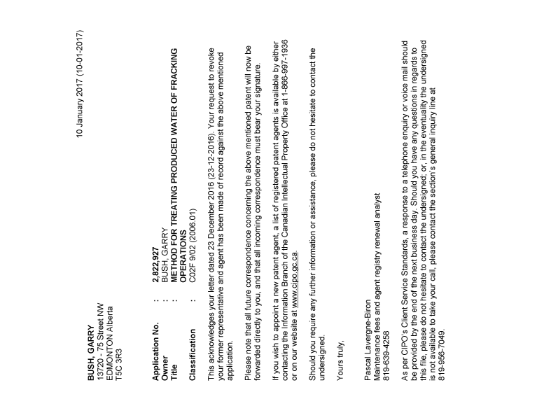 Document de brevet canadien 2822927. Correspondance 20161210. Image 1 de 1