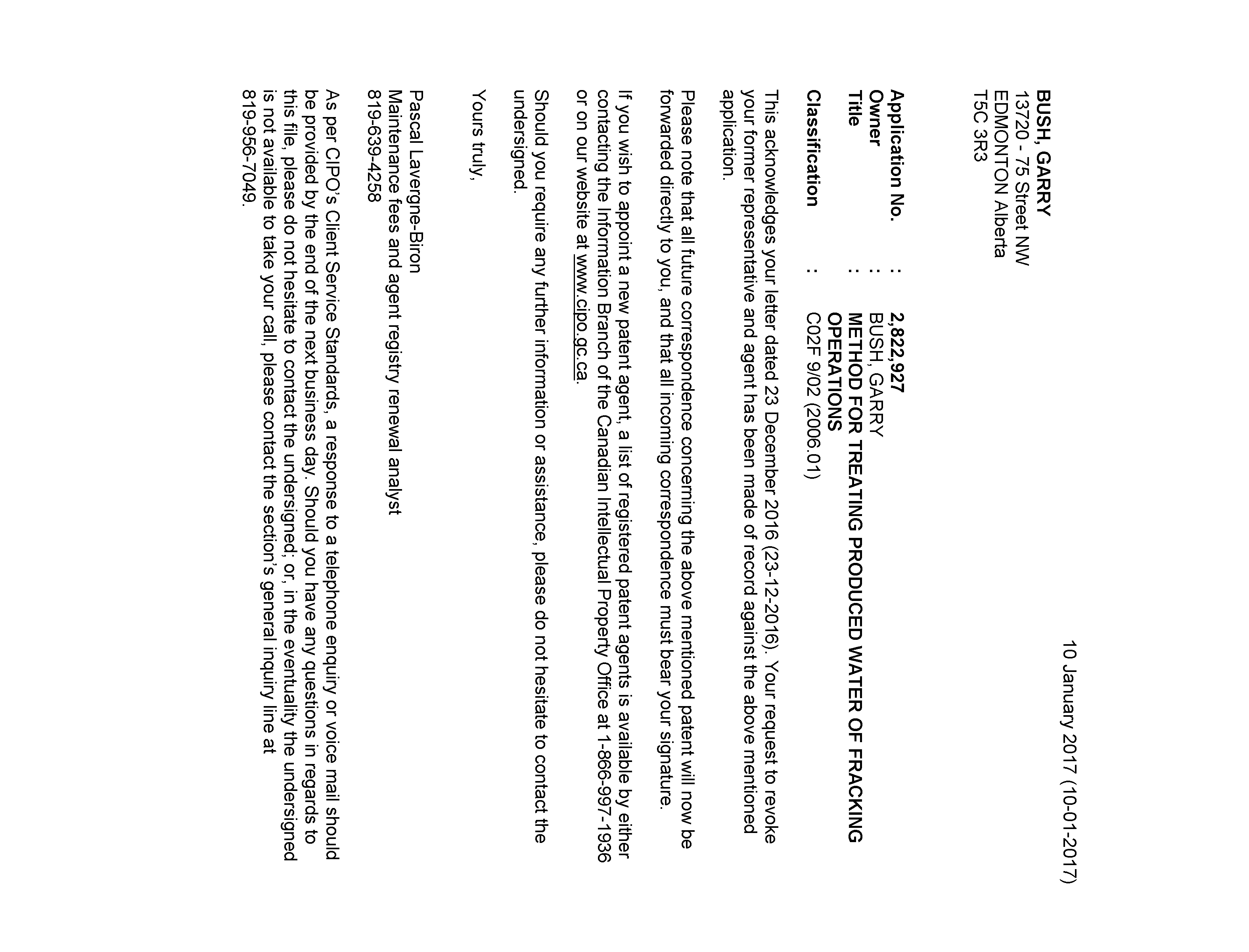 Canadian Patent Document 2822927. Office Letter 20170110. Image 1 of 1