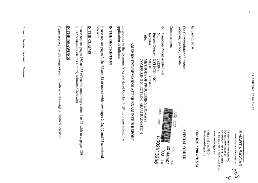 Canadian Patent Document 2823043. Prosecution-Amendment 20131202. Image 1 of 51