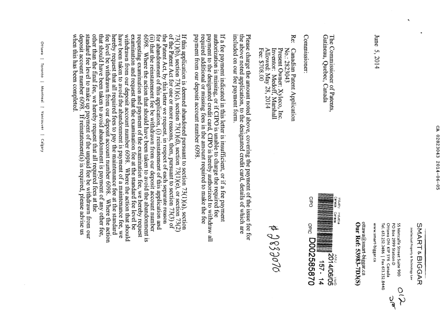 Canadian Patent Document 2823043. Correspondence 20131205. Image 1 of 2