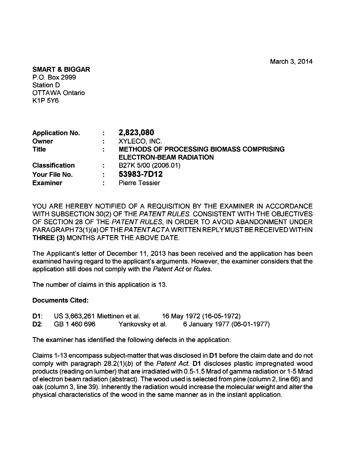 Canadian Patent Document 2823080. Prosecution-Amendment 20131203. Image 1 of 3