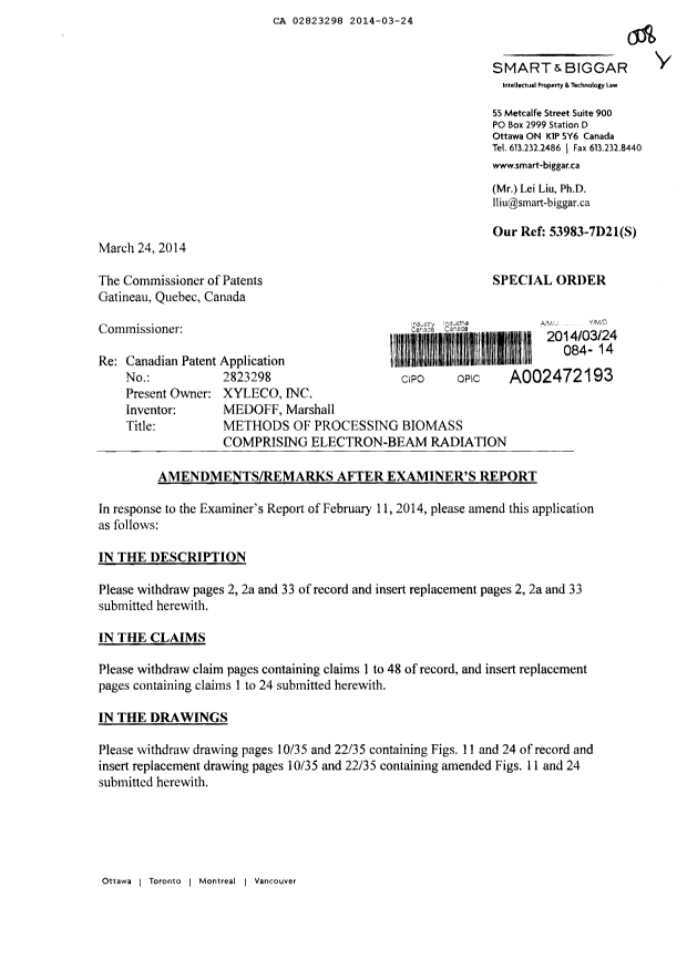 Canadian Patent Document 2823298. Prosecution-Amendment 20131224. Image 1 of 11