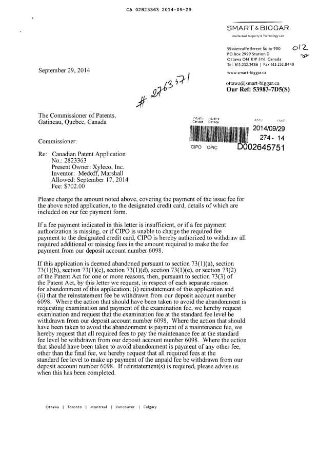 Canadian Patent Document 2823363. Correspondence 20131229. Image 1 of 2