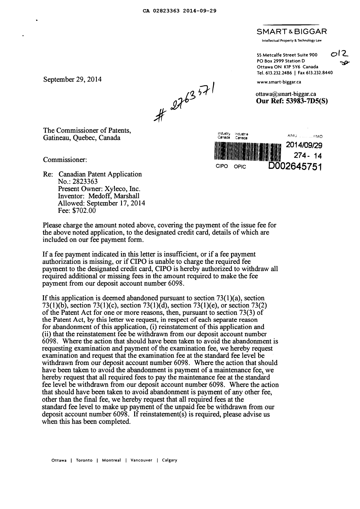 Document de brevet canadien 2823363. Correspondance 20131229. Image 1 de 2