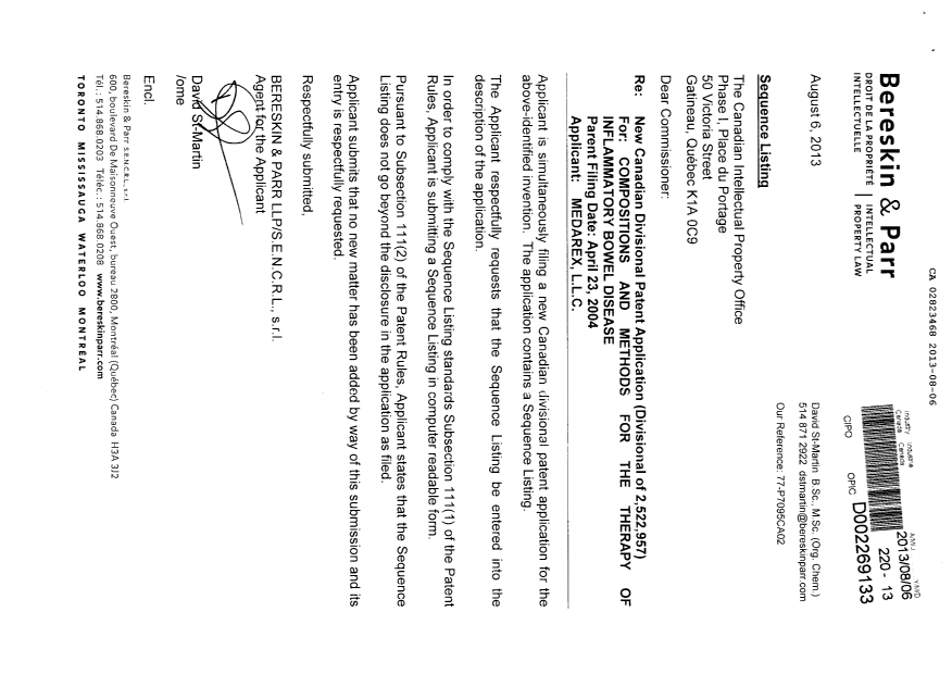 Canadian Patent Document 2823468. Prosecution-Amendment 20130806. Image 1 of 3