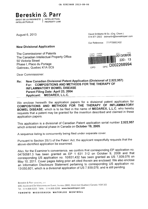 Canadian Patent Document 2823468. Prosecution-Amendment 20130806. Image 2 of 3