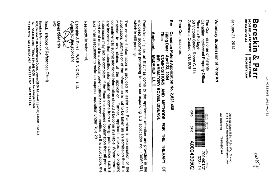 Canadian Patent Document 2823468. Prosecution-Amendment 20140121. Image 1 of 1