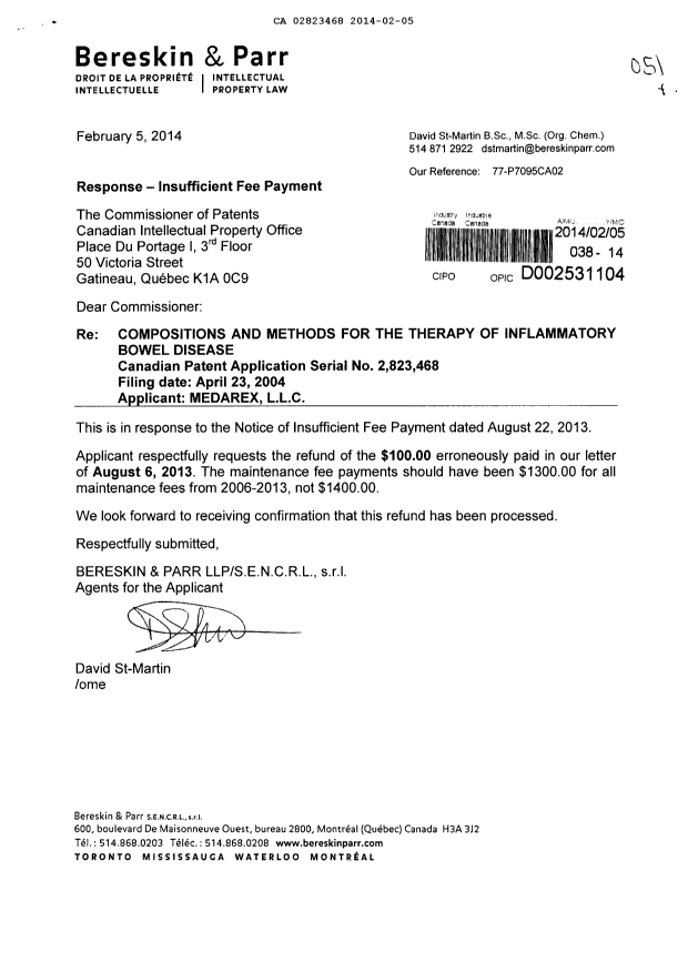 Document de brevet canadien 2823468. Correspondance 20140205. Image 1 de 1
