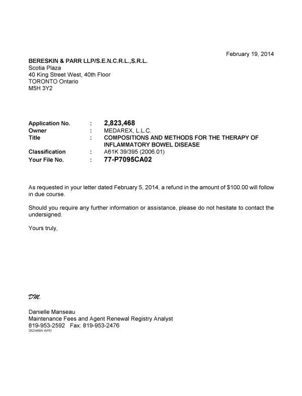 Document de brevet canadien 2823468. Correspondance 20140219. Image 1 de 1