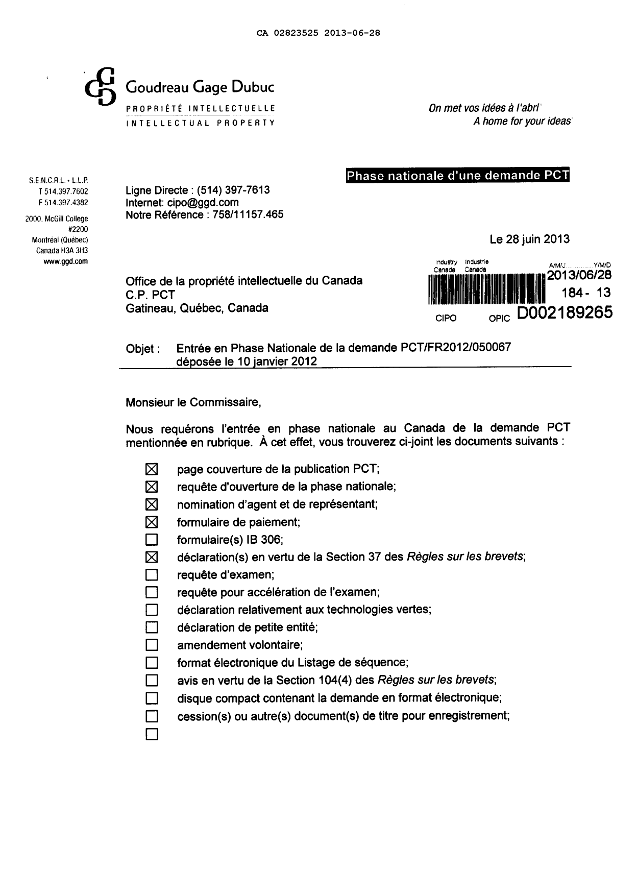 Canadian Patent Document 2823525. Assignment 20130628. Image 1 of 5