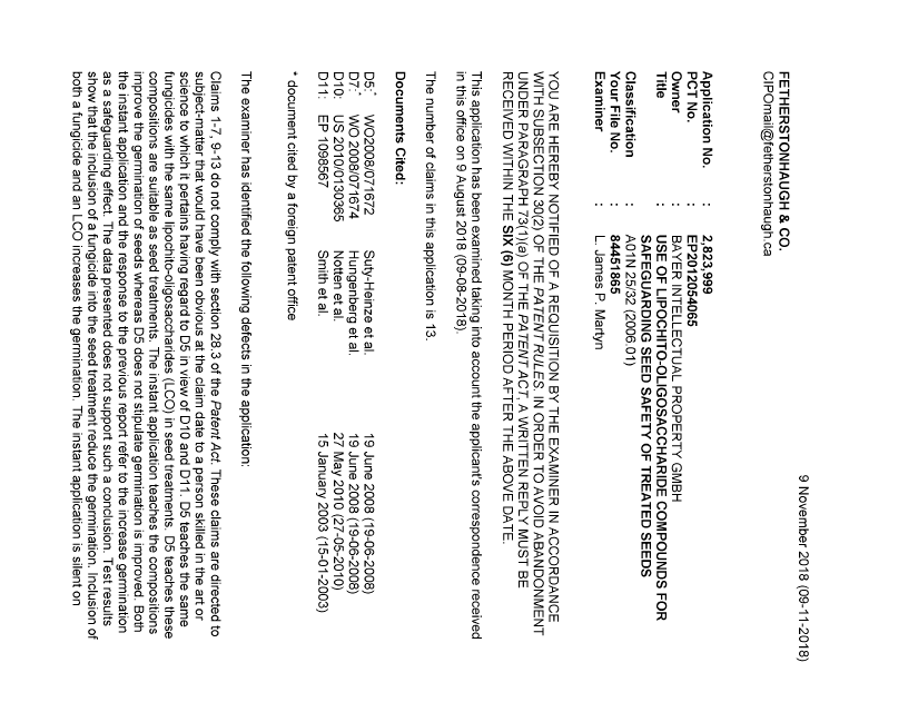 Document de brevet canadien 2823999. Demande d'examen 20181109. Image 1 de 3