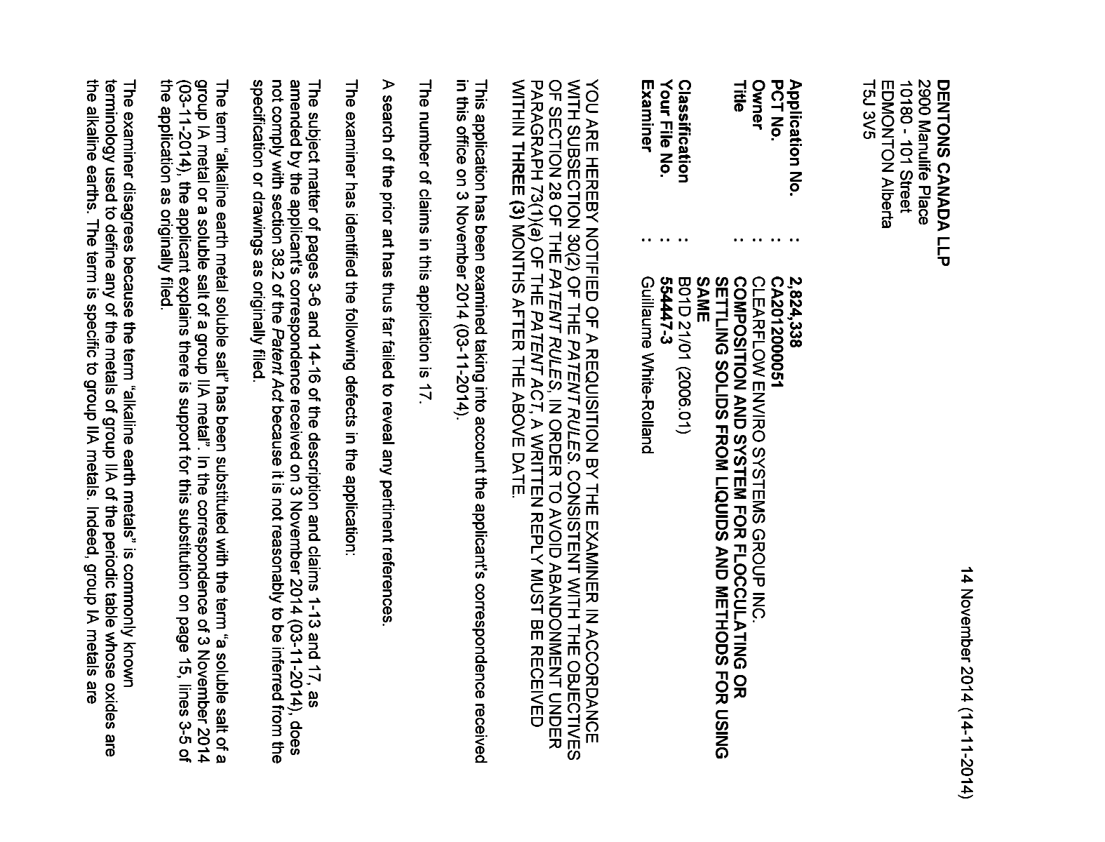 Canadian Patent Document 2824338. Prosecution-Amendment 20131214. Image 1 of 3
